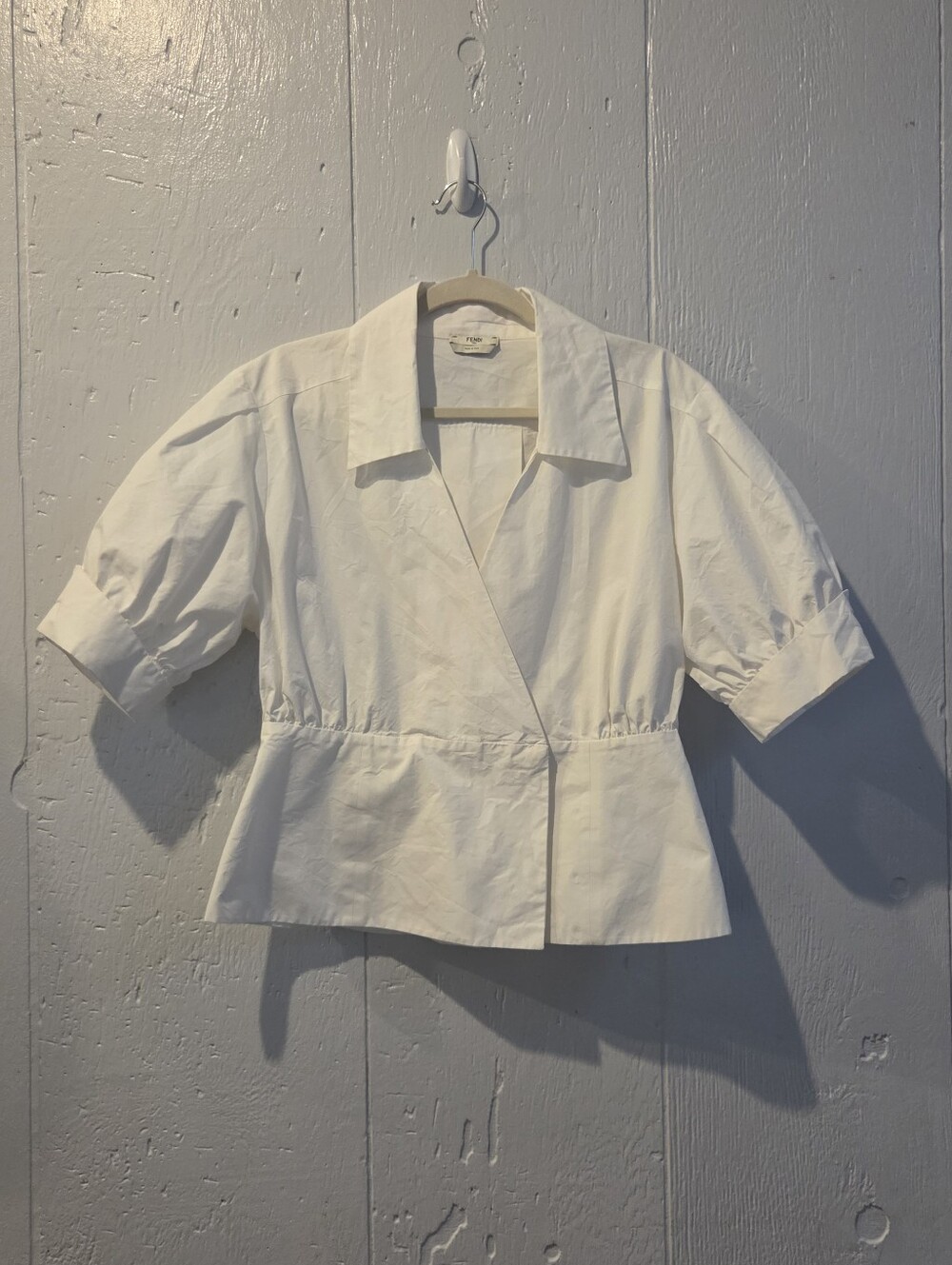 Fendi Camicia Women's White Short-Sleeve Tailored Peplum Wrap Shirt